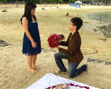 re-enactment of beach proposal for the camera