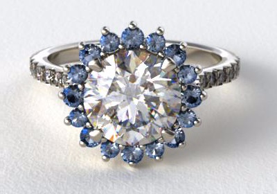 sunburst halo sapphire bloom diamond ring