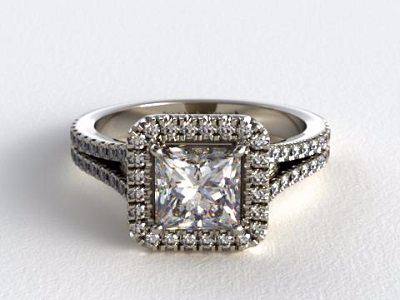 18k white gold split shank princess cut halo ring