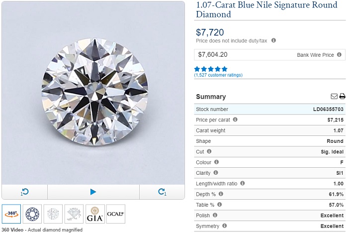 1 carat diamond bluenile f si1 $10000 dollars