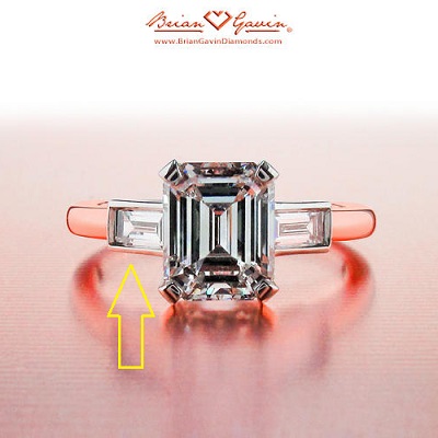 3 stone emerald cut rose gold ring with rectangular accents