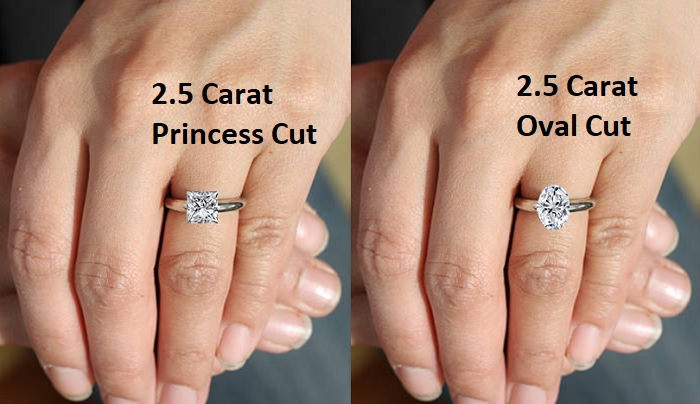 2.5 carat princess cut diamond size vs 2.5 carat oval cut engagement ring