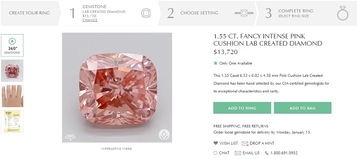cheap fancy intense pink cushion lab made diamond