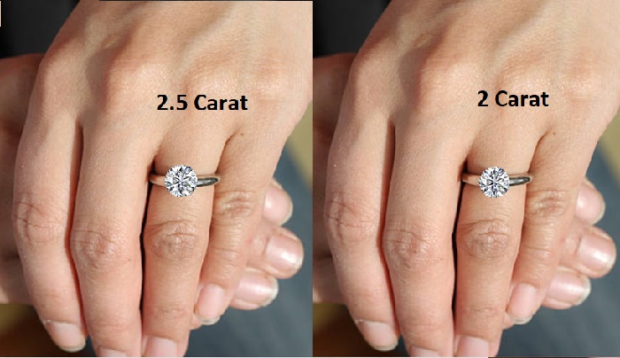 how big does a 2.5 carat diamond ring look on hand compared to 2 carat