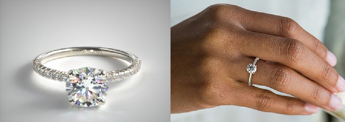 thin band engagement ring with pave