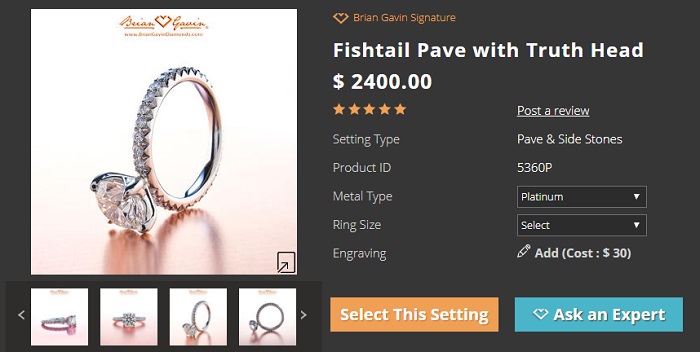 fishtail pave with 4 prong custom made head engagement ring setting