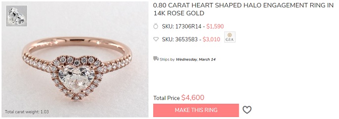 heart shaped 5k diamond ring