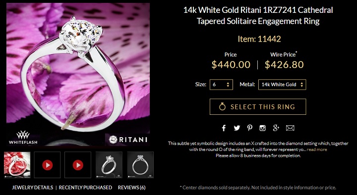 14k white gold ritani tapered cathedral solitaire engagement ring 