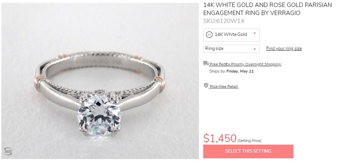 14k white gold verragio ring for less than 1500