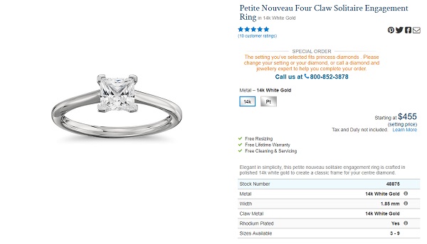 claw prong solitare ring design for square shape diamond