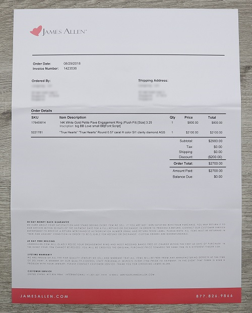 invoice showing my order purchase at james allen