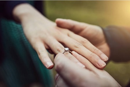 happy proposal putting ring on finger