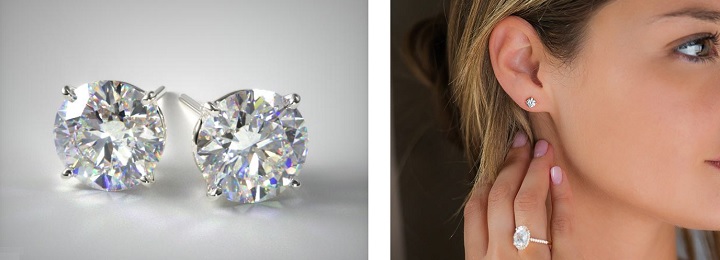 4 prong diamond stud earrings on ears seen with appearance