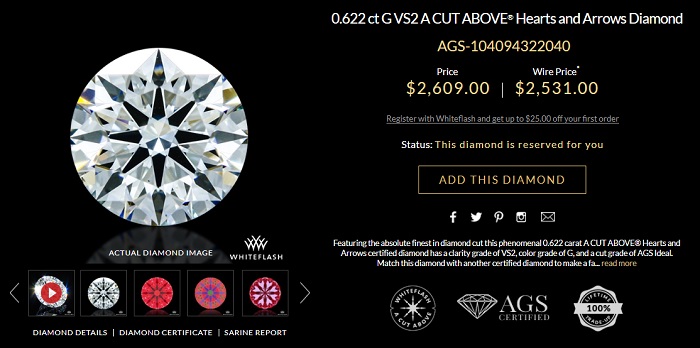 0.60 carat g color vs2 clarity super ideal cut round diamond $2700