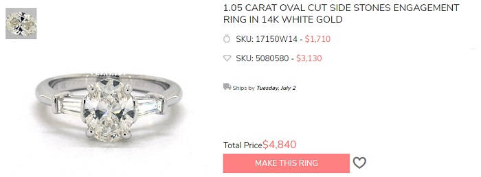 1 carat oval side stone engagement ring tapered baguette 3 stone