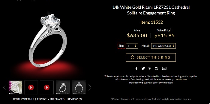 14k ritani cathedral solitaire engagement ring six hundred dollars
