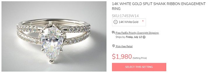 14k white gold split shank diamond ring setting pear center engagement 2k