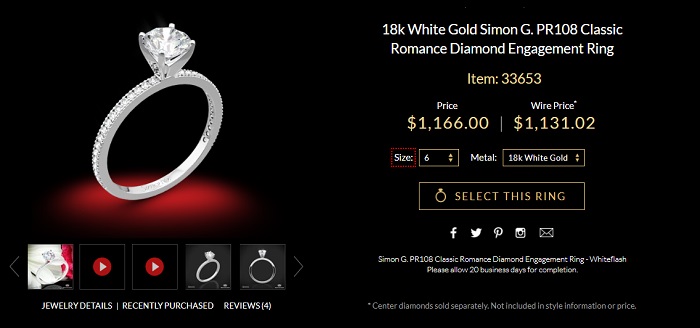 18k white gold simon g pr108 classic romance