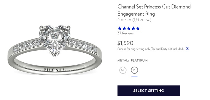 channel set princess cut diamond engagement ring heart shaped center