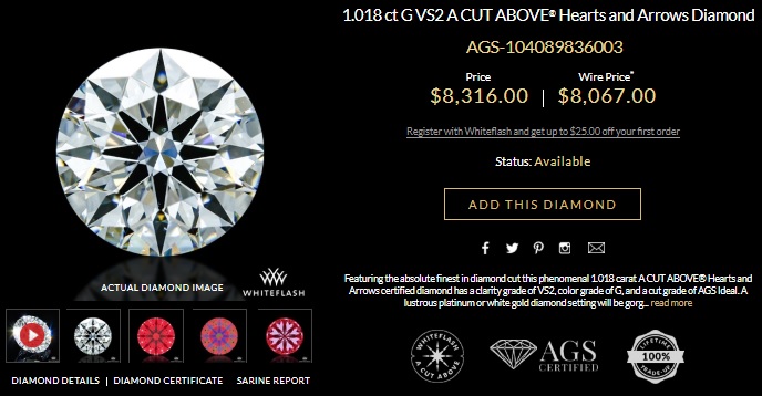 diamond listing ags ideal cut at white flash with video and data