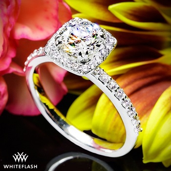 halo diamond engagement ring design with pave diamonds white flash