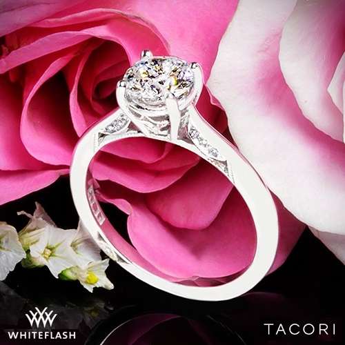 classic 4 prong basket with engraving and side profile diamonds tacori