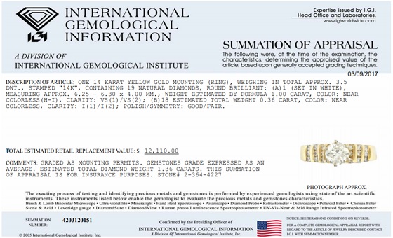 international gemological information summation of appraisal valuation report