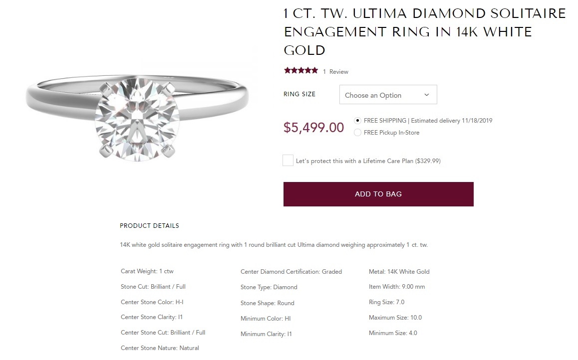 dubious listing physical store diamond ring with uncertified diamond