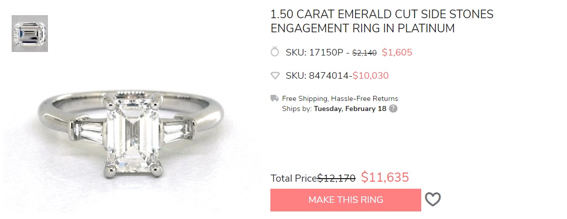 1.5 carat emerald cut diamond sidestones engagement ring platinum