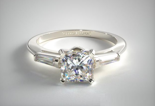 3 stone diamond ring with tapered sidestones with 2 ct princess cut diamond