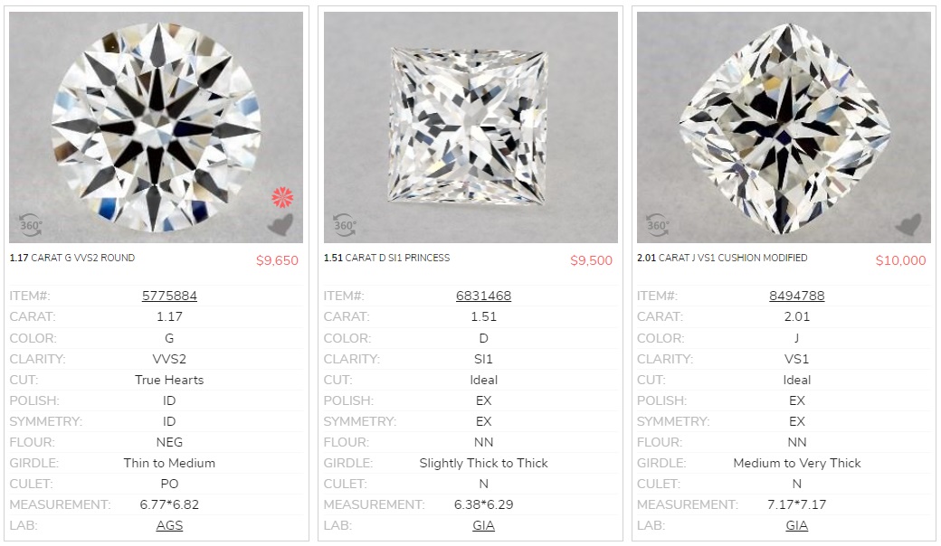 certified round vs princess vs cushion cut diamonds under twelve thousand dollars