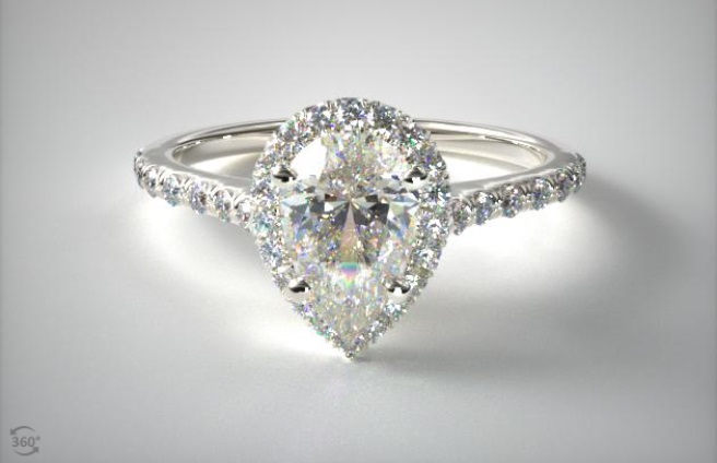 14k white gold pave halo shank diamond engagement ring with pear center stone