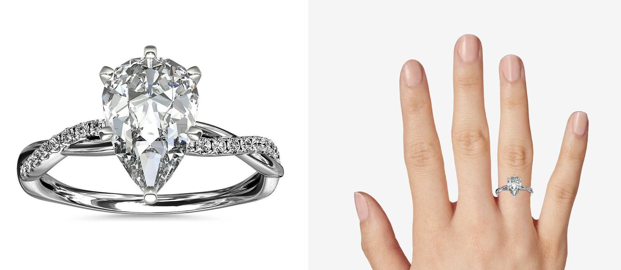 2 carat teardrop diamond ring with intertwining shanks