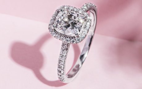 rectangular halo cushion engagement ring with diamond center stone