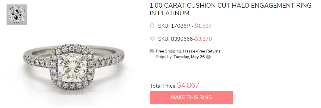 1 carat cushion cut halo diamond engagement ring in platinum under 5000