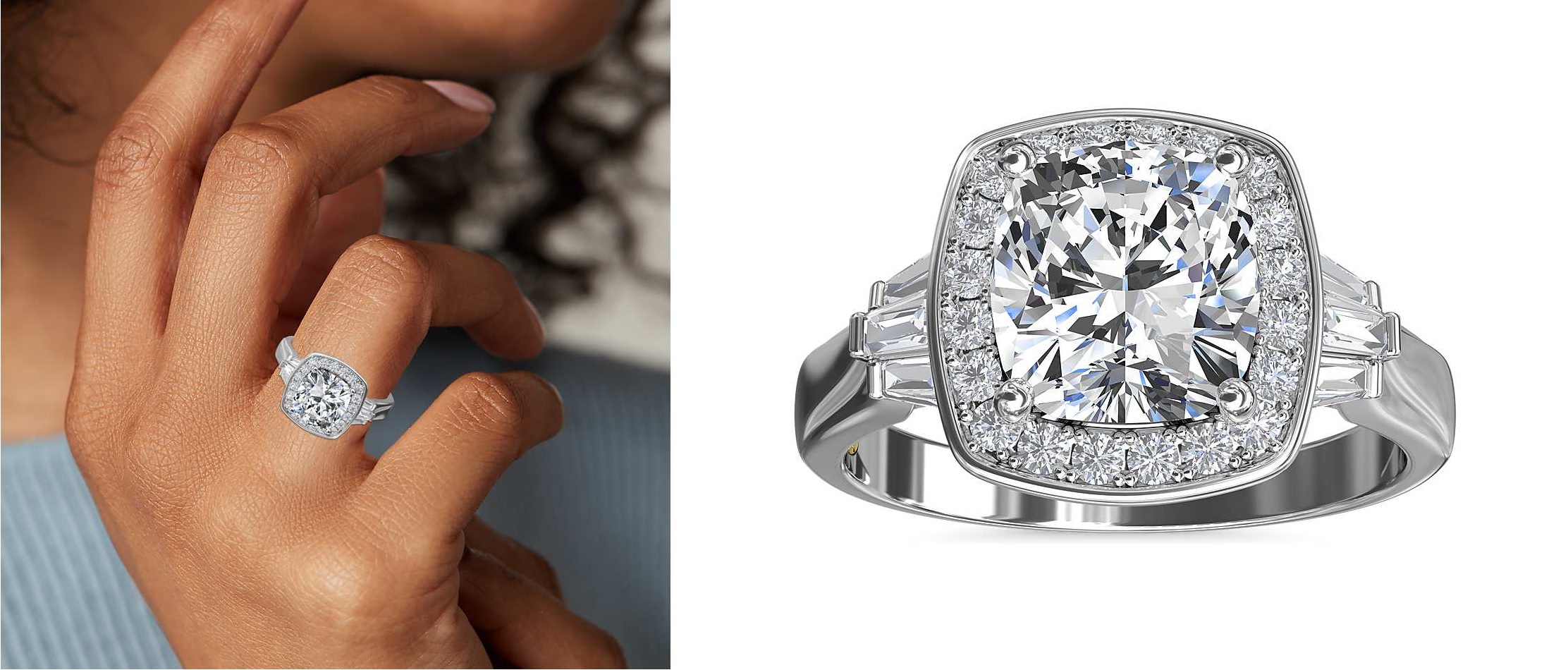 milgrain halo cushion cut with sidestones made of baguettes