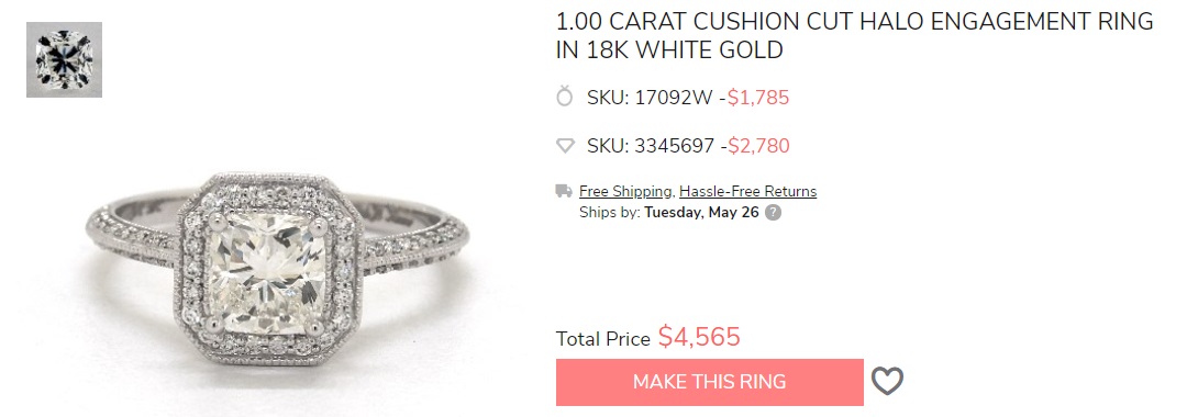 one carat vintage style cushion cut halo ring in 18k white gold 4000
