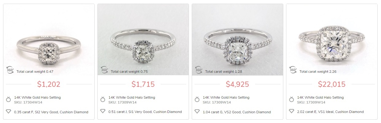price of cushion cut halo diamond engagement rings