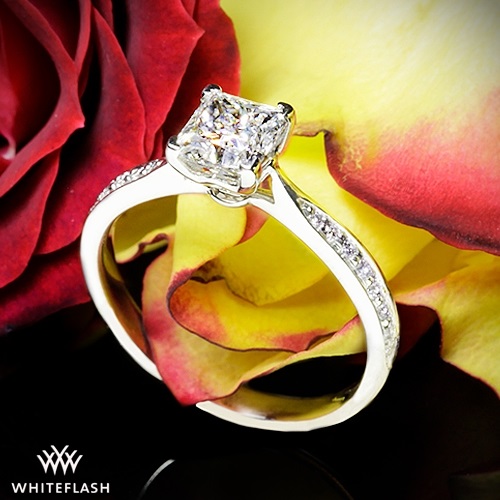 square cut engagement ringw with princess shape center stone pave white gold