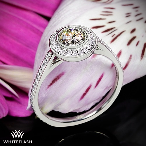 bezel halo engagement ring in white gold cathedral style