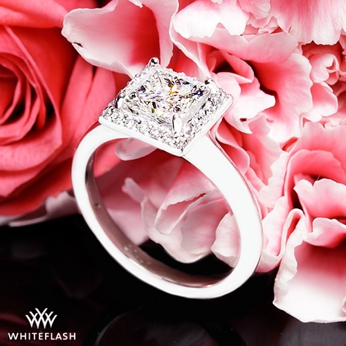 platinum square halo diamond engagement ring princess cut center stone branded