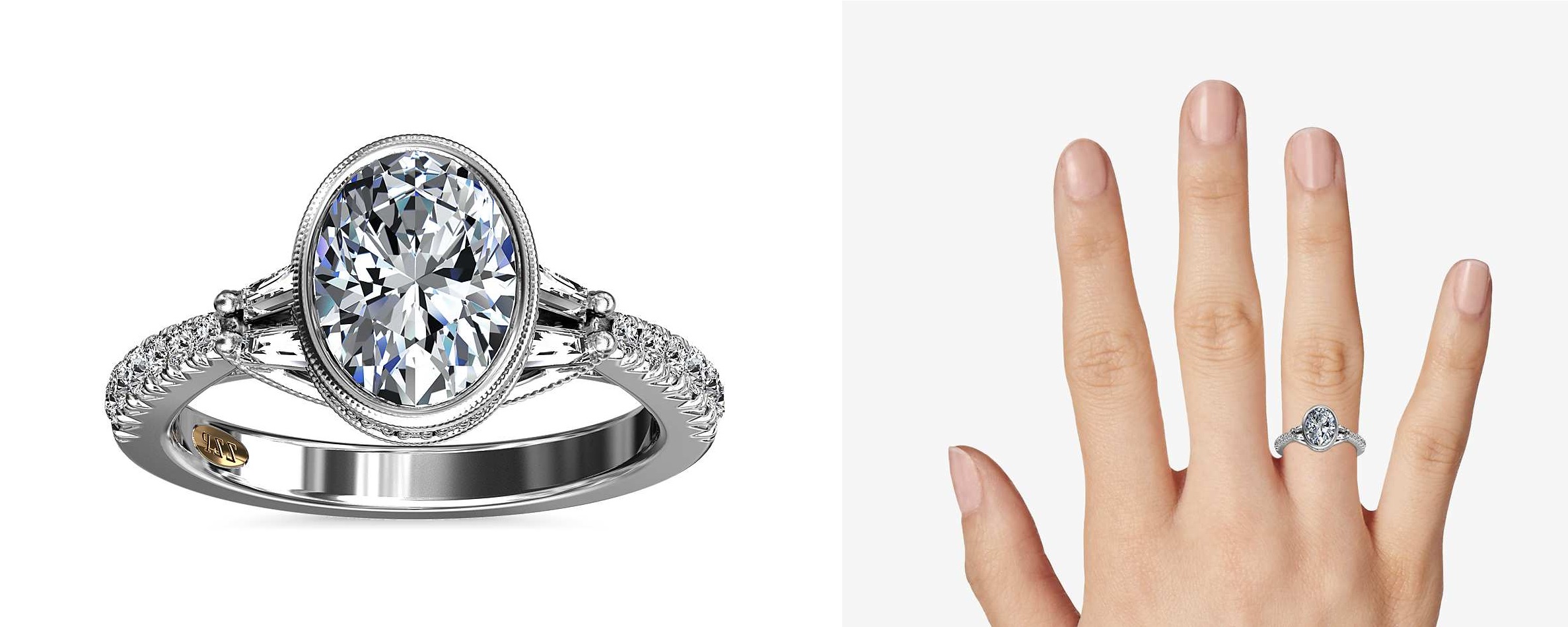 vintage oval bezel set engagement ring with side stones