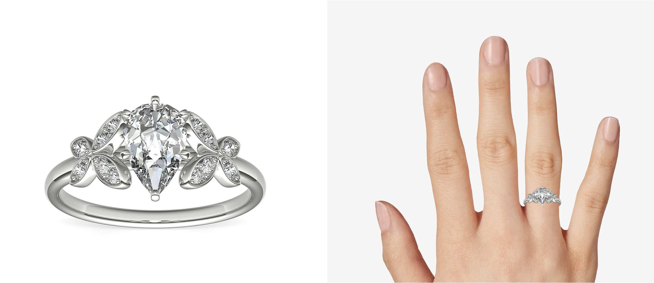 designer butterfly design motif pear cut platinum diamond ring