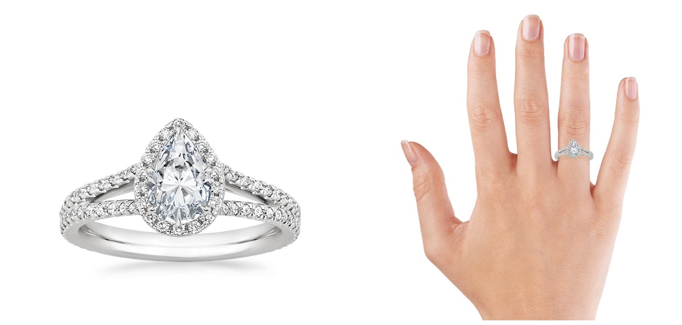 dual shank pave halo pear shaped diamond ring with many tiny gemstones