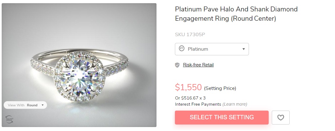 platinum pave halo shank diamond engagement ring 1500 dollars