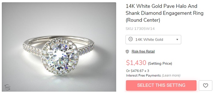 14k white gold pave halo shank diamond ring