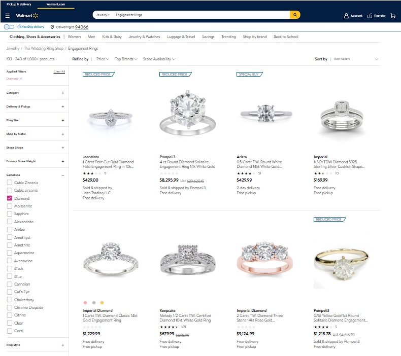 screenshot of walmart jewelry section with diamond white gold ring