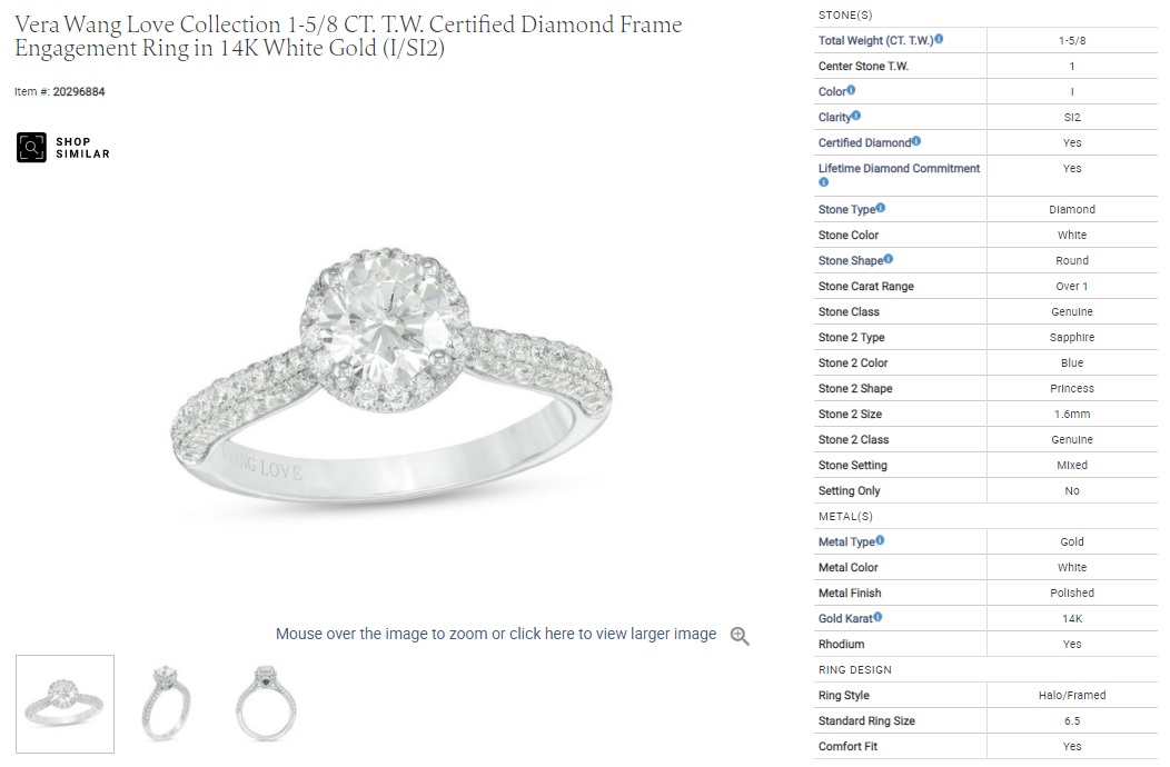 vera wang love collection certified diamond frame engagement ring in 14k white gold
