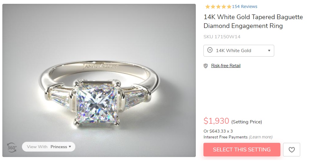 14k white gold tapered baguette diamond engagement ring