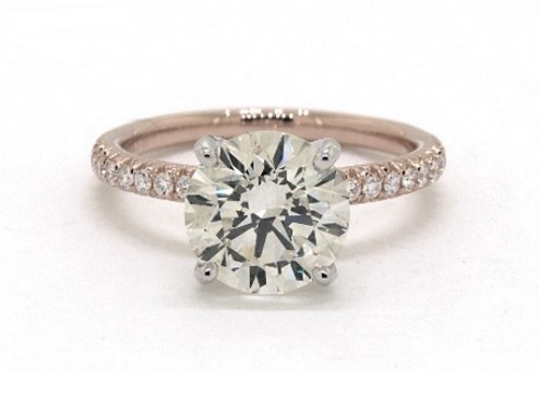 2 carat size faint yellow m diamond ring in rose gold pave style